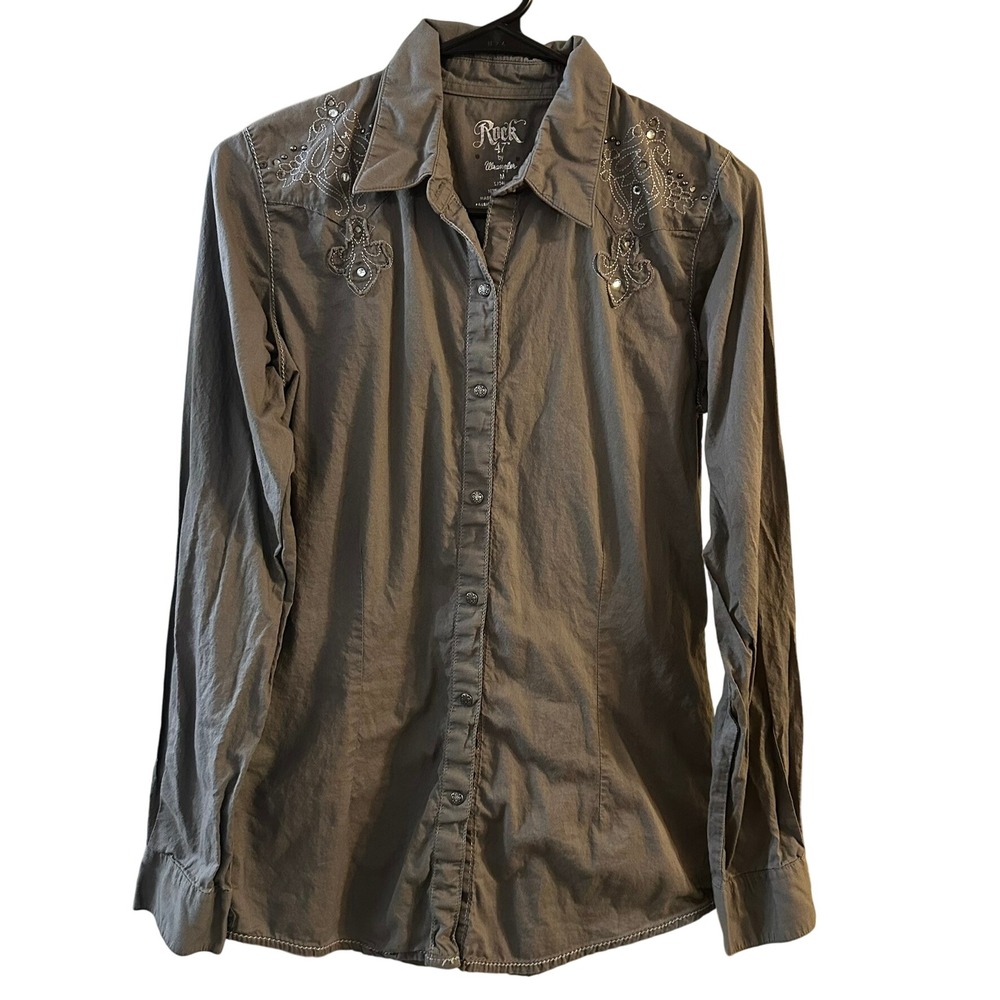 Rock 47 by Wrangler Grey Embroidered Studded Long Sleeve Button Up Shirt Medium‎